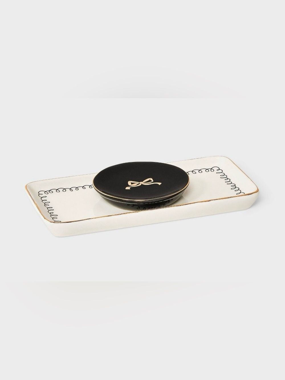 a new day White Black Gold Bow Print 2 pc Trinket Dish Trays